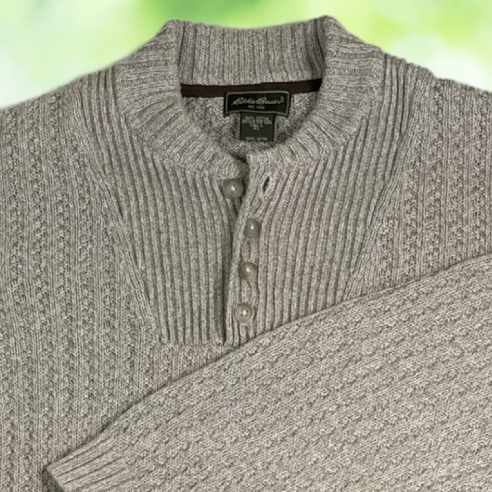 Vintage 90s EDDIE BAUER Henley Sweater Textured Cotton Oatmeal Hong Kong Sz XLT
